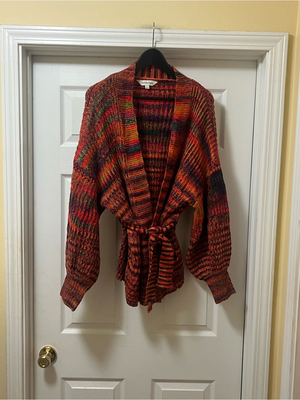 DAVI & DANI Multicolor Orange Knit Belted Cardigan